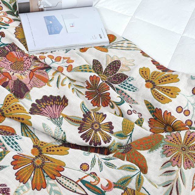 Luxury Cotton Gauze Blanket with Floral Pattern, 90"x98" Toweling Coverlet - Image 3