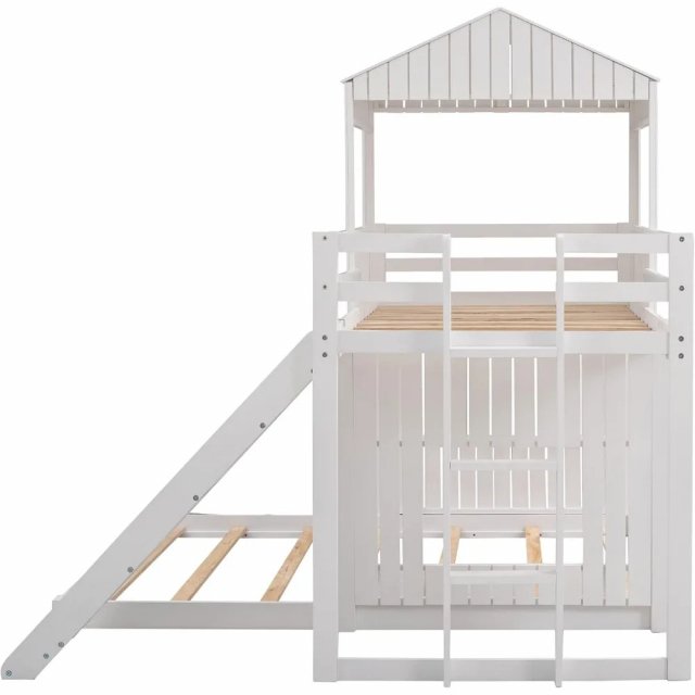 Wooden Twin Over Full Bunk Beds with Slide, Roof & Guard Rail for Kids - Image 4