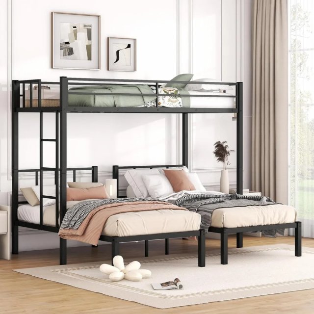 Black Metal Triple Bunk Beds, Twin Over Twin & Twin with Guardrails, Can Be Separated - Image 3