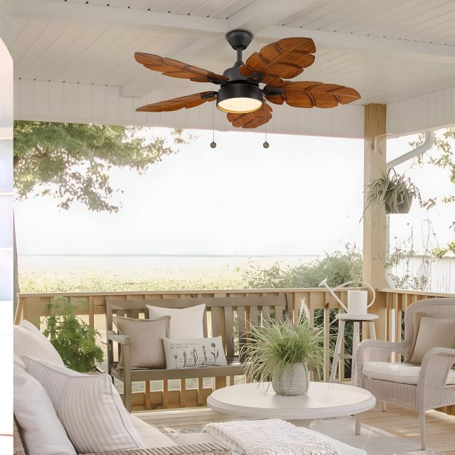 52 Inch Tropical Palm Leaf Ceiling Fan with Light, Indoor Outdoor Pull Chain Fan - Image 3