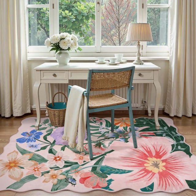 Black Floral Shaped Washable Rug - Image 6
