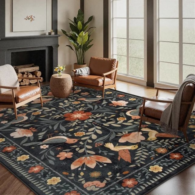 Birds Floral Washable Foldable Cashmere Rug for Living Room & Bedroom - Image 2