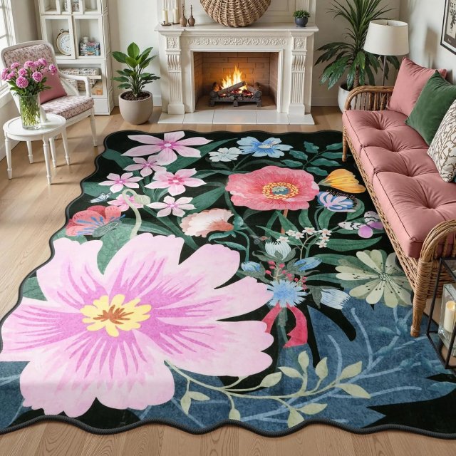 Black Floral Shaped Washable Rug - Image 5