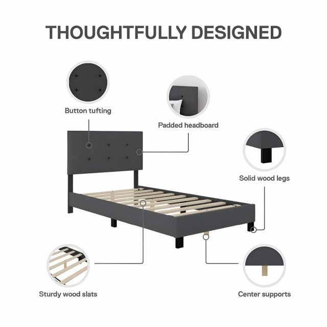 Gray Linen Upholstered Twin Bed with Cushioned Headboard for Kids Bedroom - Image 2