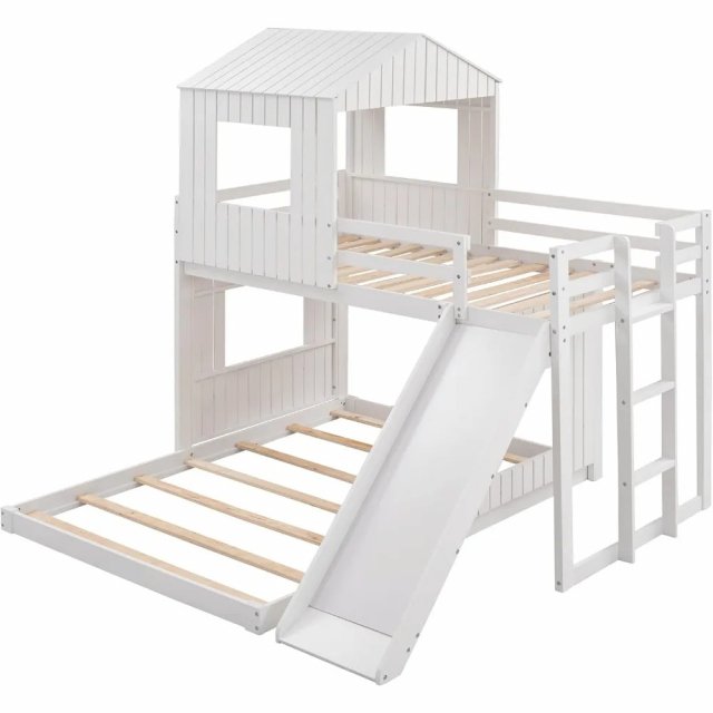 Wooden Twin Over Full Bunk Beds with Slide, Roof & Guard Rail for Kids - Image 6