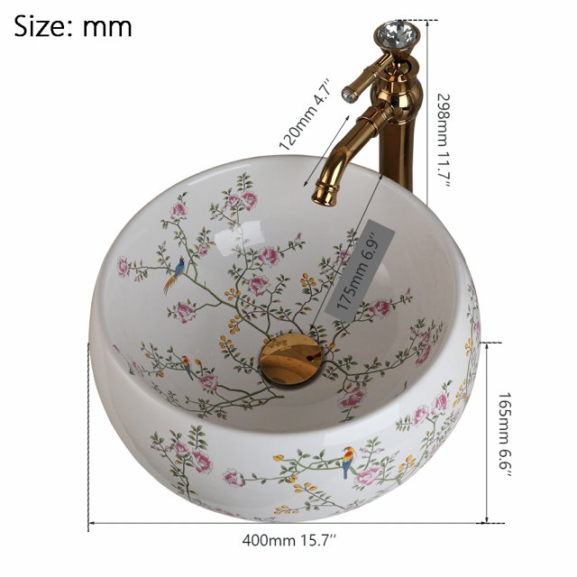Luxury Ceramic Bathroom Vessel Basin Sink with Flower & Bird Design and Gold Faucet - Image 5