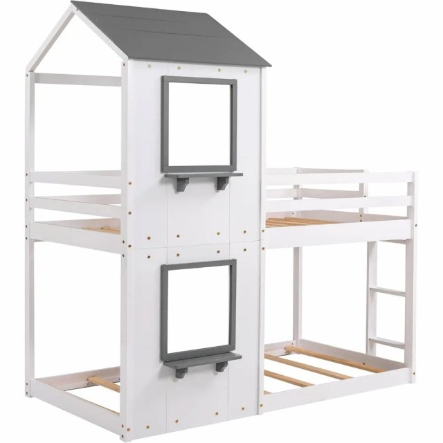 Wooden Twin Over Twin House Bunk Bed with Roof, Windows & Ladders for Kids - Image 4