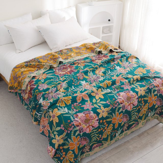 Luxury Cotton Gauze Blanket with Floral Pattern, 90"x98" Toweling Coverlet - Image 6