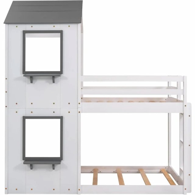 Wooden Twin Over Twin House Bunk Bed with Roof, Windows & Ladders for Kids - Image 5