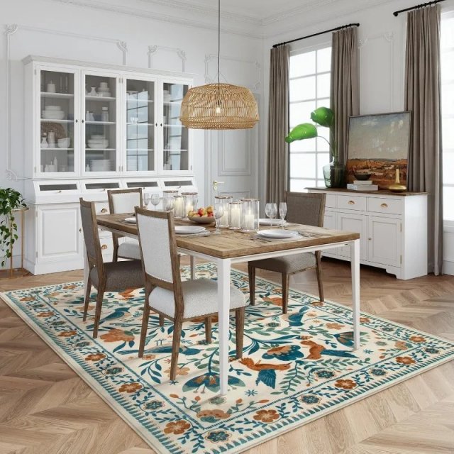 Birds Floral Washable Foldable Cashmere Rug for Living Room & Bedroom - Image 4