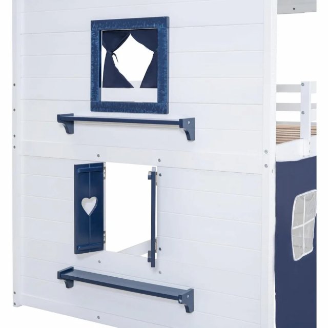 Full Size Loft Bunk Bed with Tent, House Design, Guardrails, Ladder & Windows - Image 4