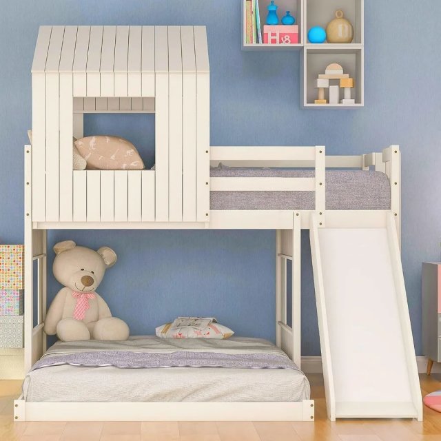 Wooden Twin Over Full Bunk Beds with Slide, Roof & Guard Rail for Kids - Image 3