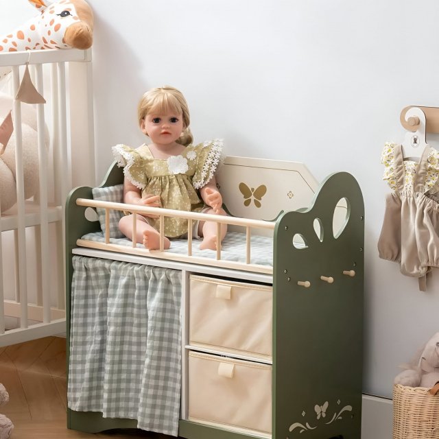 Wooden Baby Doll Bed with Bedding and Storage for 18-Inch Dolls – Green