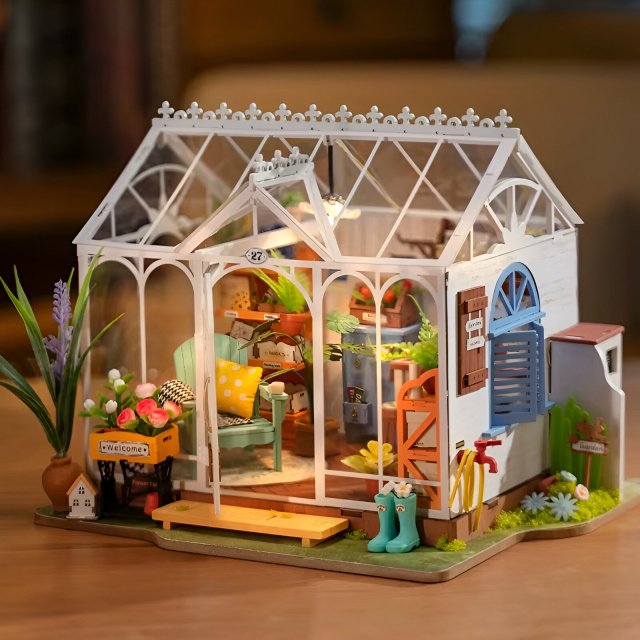 Dreamy Garden House DIY Miniature Kit – Wooden Dollhouse Puzzle with Greenhouse