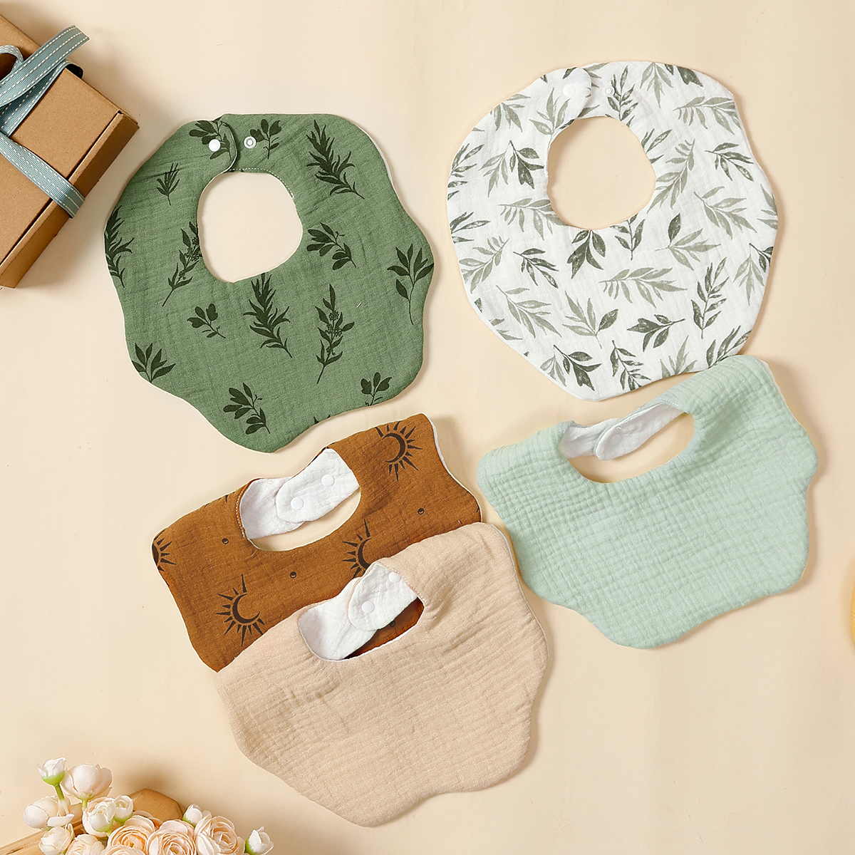 Soft & Absorbent Baby Bibs – 5 Pack Muslin Cotton Burp Cloths, Petal Shape