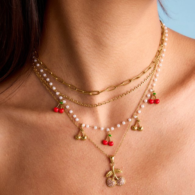Elegant Gold Cherry Pendant Necklace with Acrylic Pearls