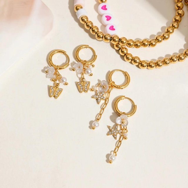 Sweet Pearl Flower Tassel Earrings with 18K Gold-Plated Butterfly Star Charms