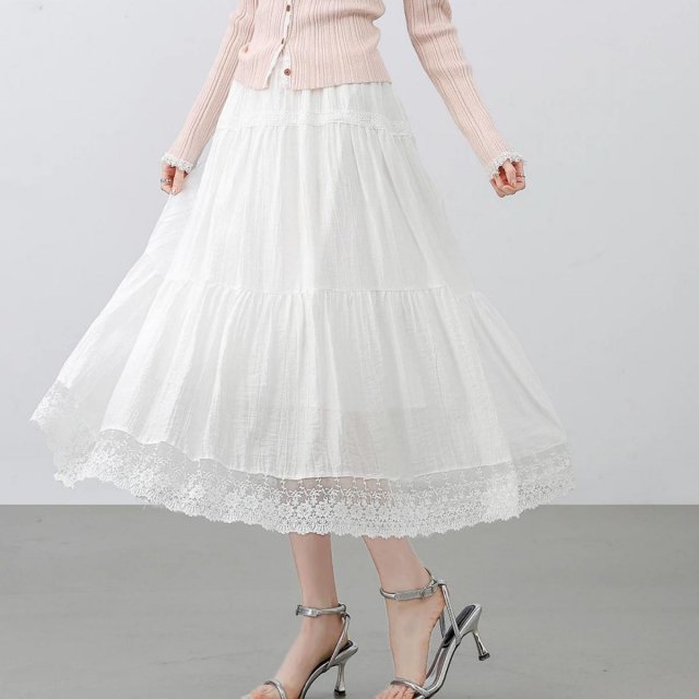 White A-Line Midi Skirt with Lace Details for Women – Perfect for Spring & Summer