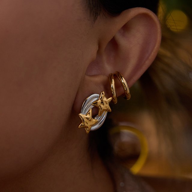 18K Gold-Plated Stainless Steel Geometric Hammered Meteor Earrings – Waterproof Oval Two-Color Design