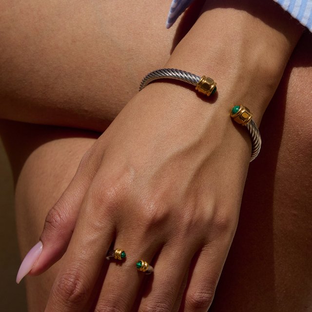 Trendy Green Malachite Inlaid 18K Gold-Plated Stainless Steel Bracelet