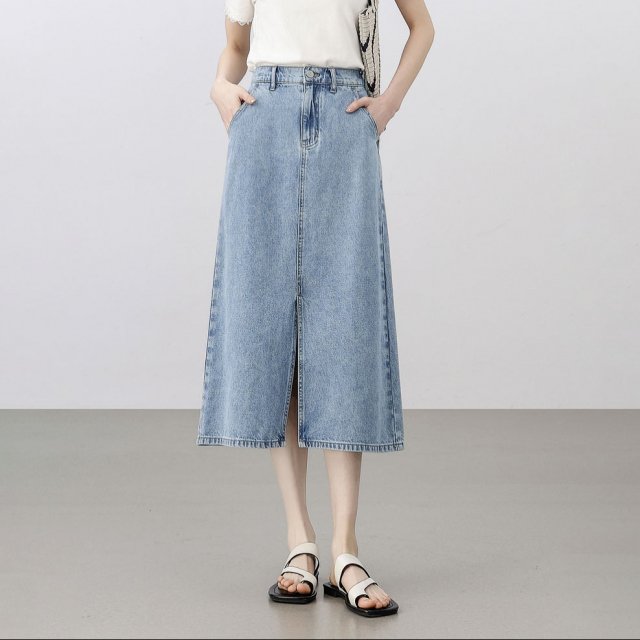 Elegant A-Line Denim Skirt with Slit – Cotton Blend Mid-Calf Skirt for Women