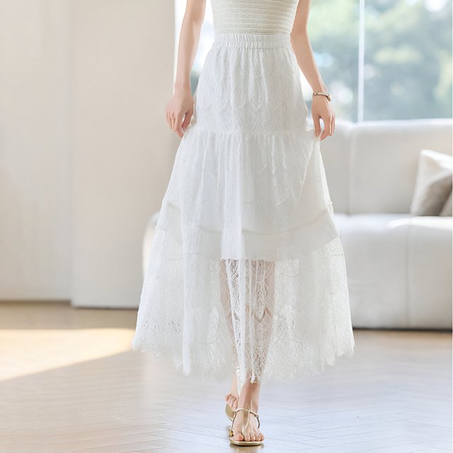 Elegant Lace A-Line Cotton Skirt for Women - Ankle Length, Spring/Summer