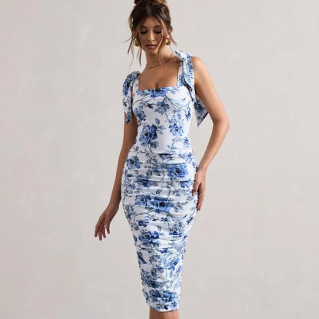 Floral Print Backless Bodycon Maxi Dress with Spaghetti Straps
