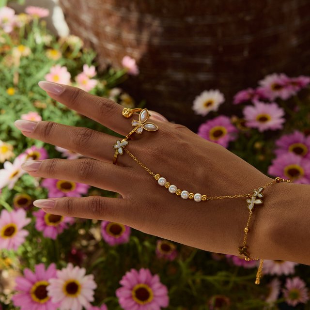 18K Gold Plated Pearl Butterfly Finger Bracelet for Women - Waterproof & Stylish