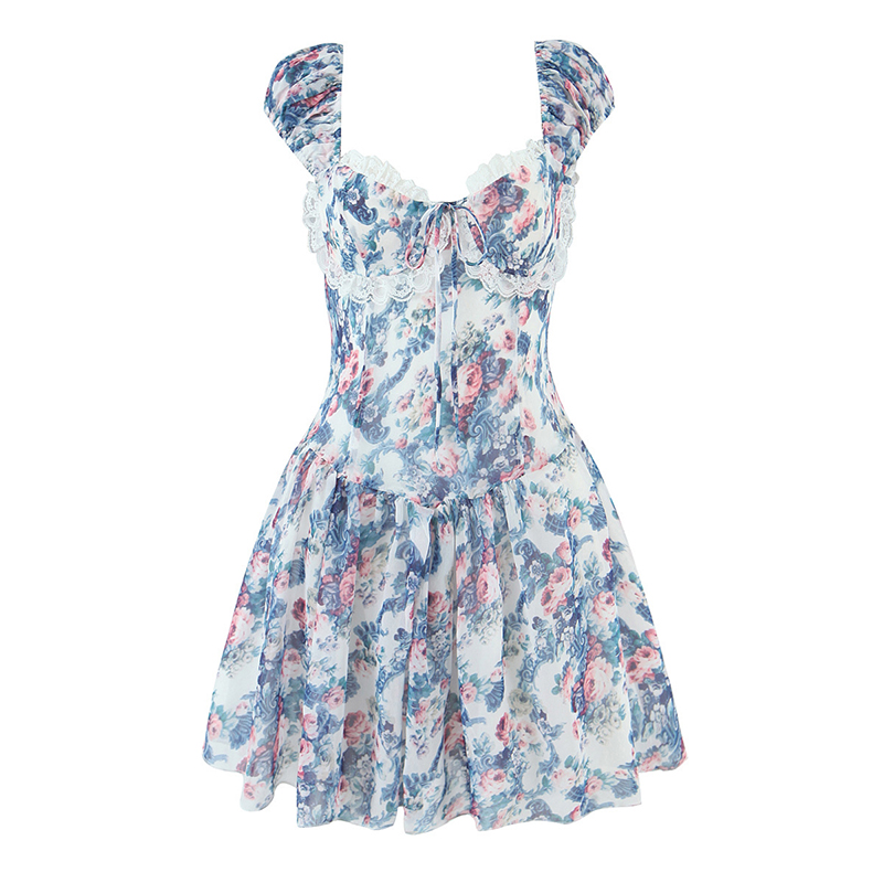 Boho Blue Floral Puff Sleeve Mini Dress – Lace A-Line Summer Holiday Style 2