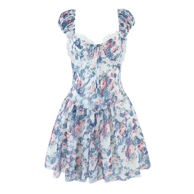 Boho Blue Floral Puff Sleeve Mini Dress – Lace A-Line Summer Holiday Style
