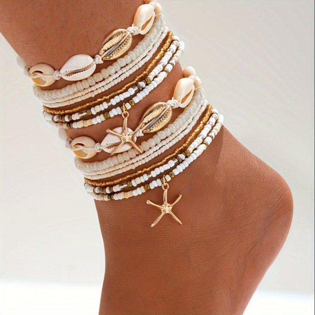 Boho Gold-Plated Stainless Steel Anklets Set – Starfish & Shell Design