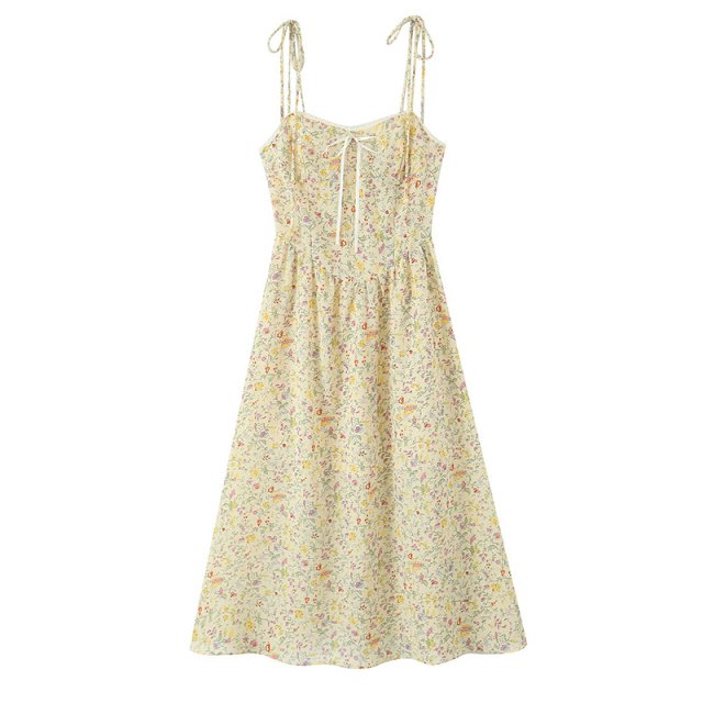 Elegant French Floral Midi Dress with Bow & Spaghetti Straps – Summer Chic