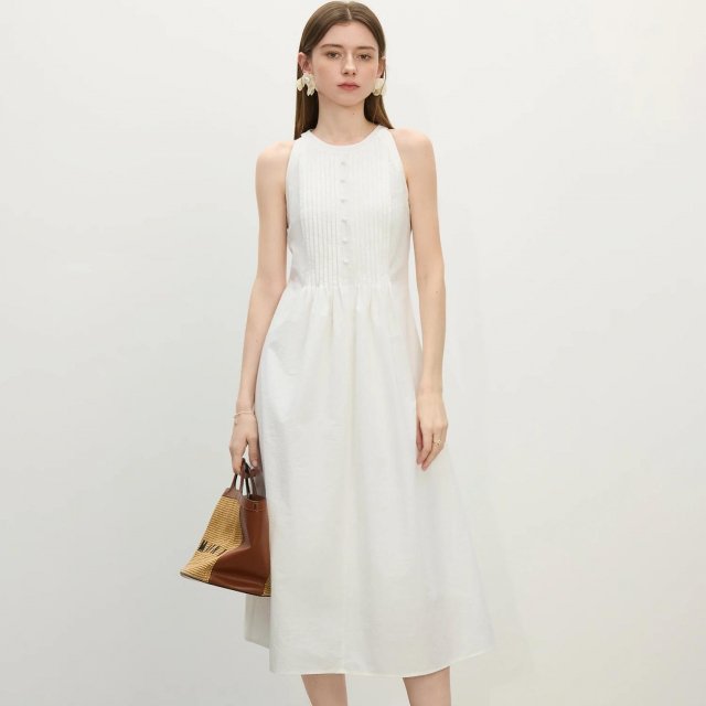 Elegant Slim A-Line Pleated Halter Neck Dress