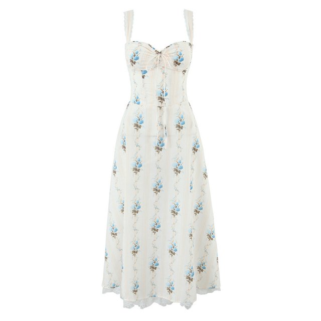 Elegant Floral A-Line Midi Summer Dress with Lace Detail