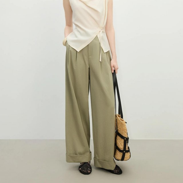 3D Pleated Slim Fit Straight-Leg Drape Pants for Women