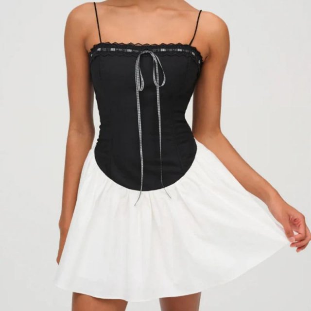 Black and White Patchwork Spaghetti Strap Mini Dress