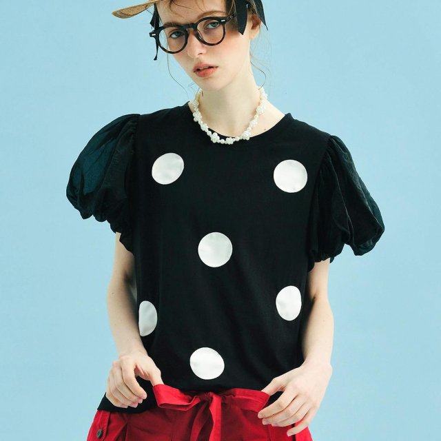 Summer Polka Dot Mesh Lantern Sleeve Casual Tee for Women
