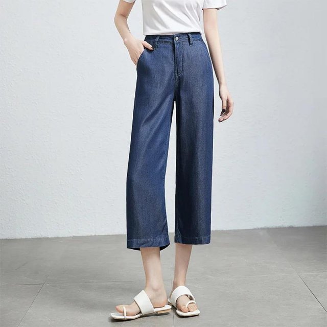 High Waist Lyocell Straight Cropped Jeans for Women - Summer Casual Fit