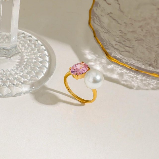 Elegant 18K Gold Zircon & Pearl Ring for Women – Romantic Party Jewelry