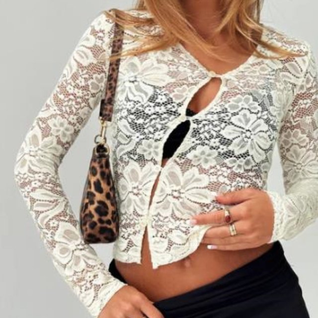 White Lace Mesh Cut Out Long Sleeve Crop Top