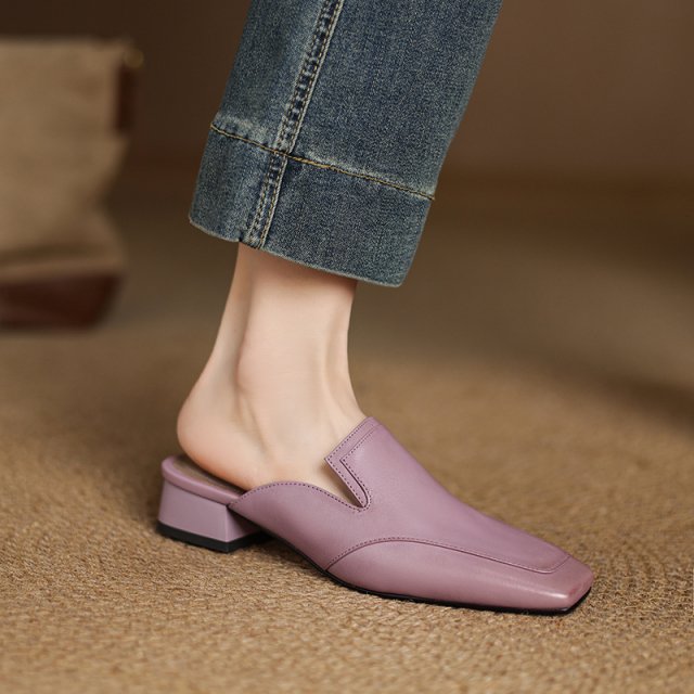 Summer Leather Square Toe Chunky Heel Mules for Women
