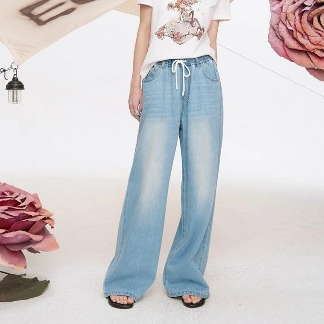 Summer High Waist Wide Leg Light Wash Jeans for Women