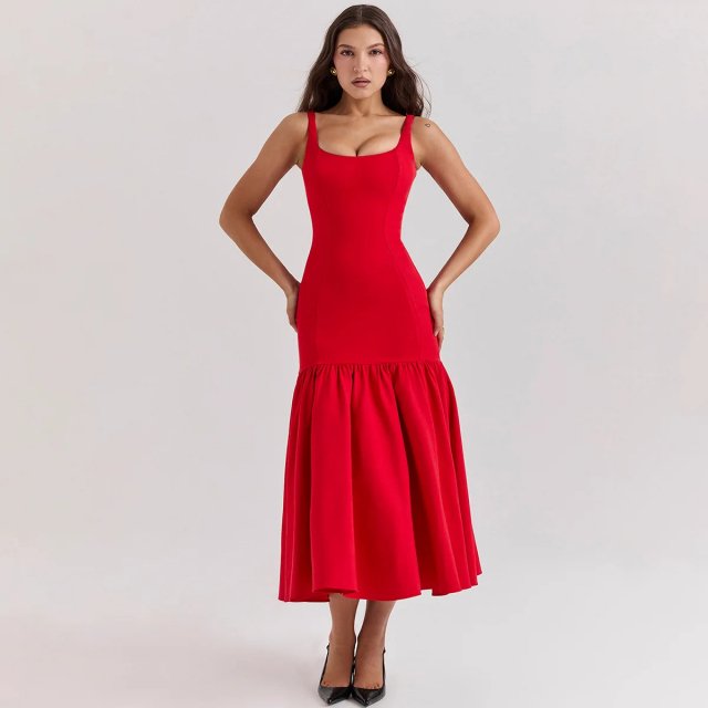 Elegant Red Midi Party Dress