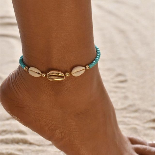 Women's Blue & White Beaded Shell Anklet – 18K Gold-Plated Stainless Steel