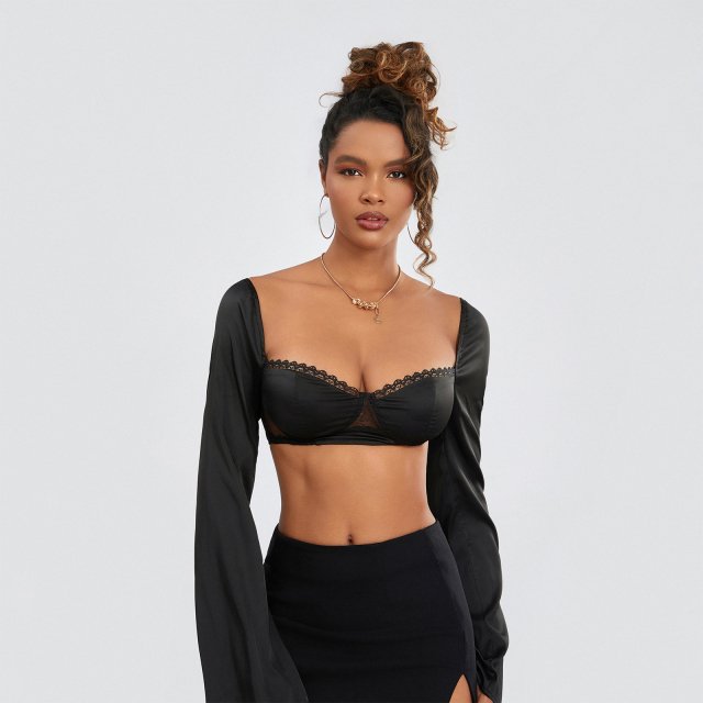 Women’s Long Sleeve Mesh Crop Top with Lace Trim & Tie-Up Back