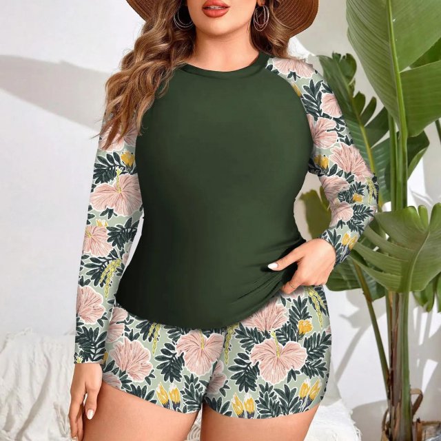 Plus Size Long Sleeve Tankini Swimsuit with Printed Boxer Bottoms