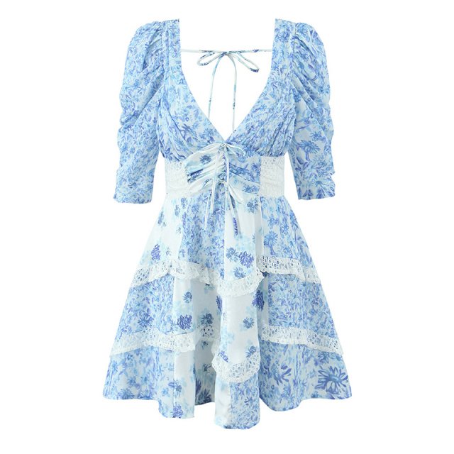 Boho Blue Floral Lace Mini Dress - Backless V-Neck A-Line Summer Style