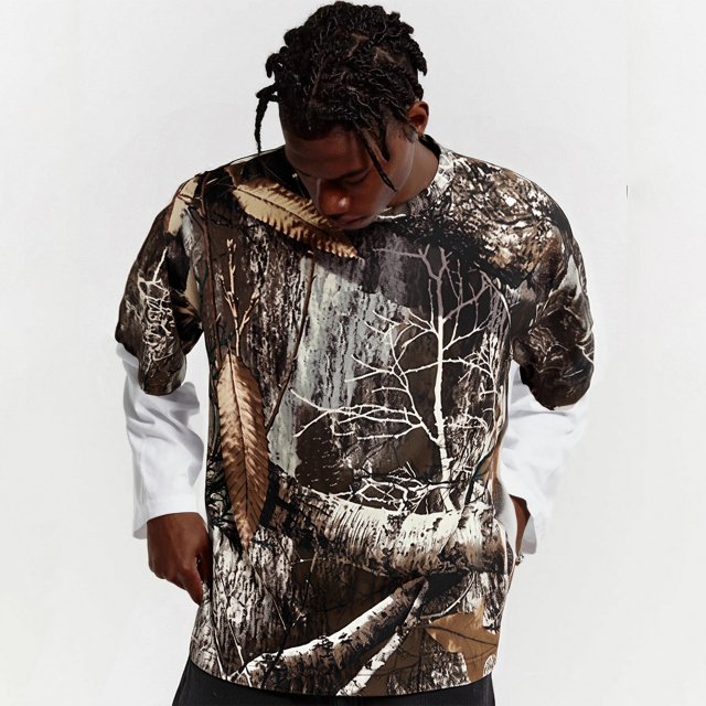 Men's Camo Patchwork Vintage Long Sleeve Streetwear Tee