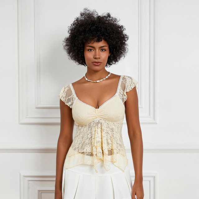 Women’s Summer V Neck Lace Crop Top with Ruffle Sleeves
