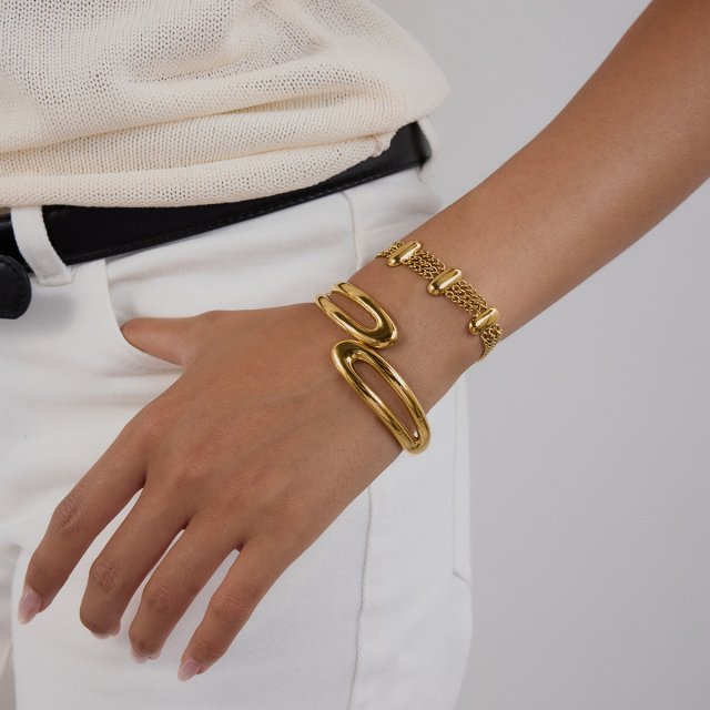 18K Gold-Plated Multi-Layer Chain Bracelet for Women - Glossy Oval Link Design